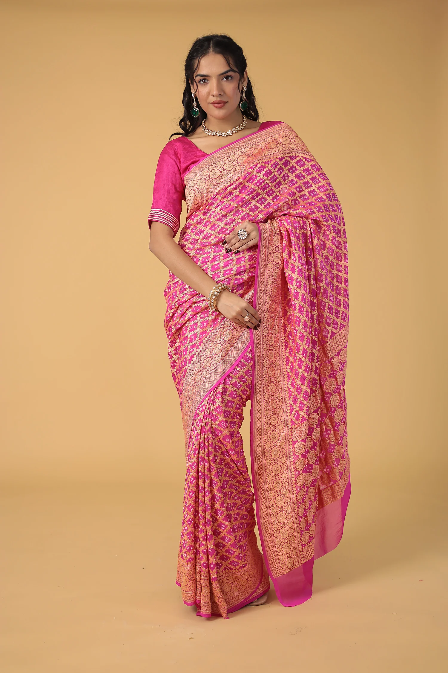 Pink Bandhej Pure Handloom Georgette Saree